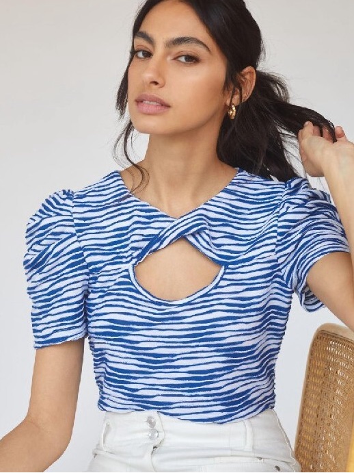 Maeve Anthropologie Blue White Zebra Stripe Twist Keyhole Puff Sleeve Top Medium